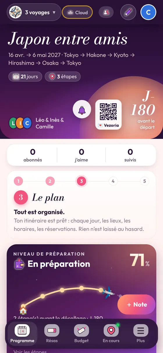 L’écran principal d’un voyage