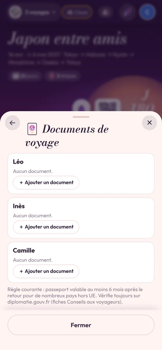 Les documents de chaque voyageur