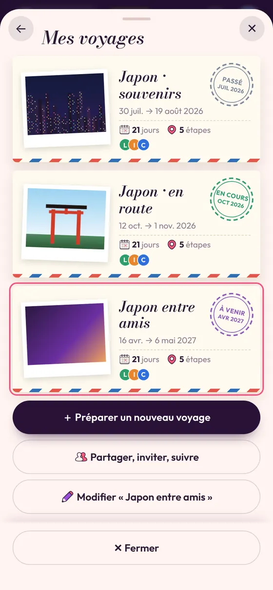 La liste des voyages dans Vezoria